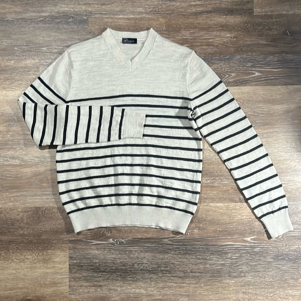 GAP Cream V-Neck Sweater with Black Stripes